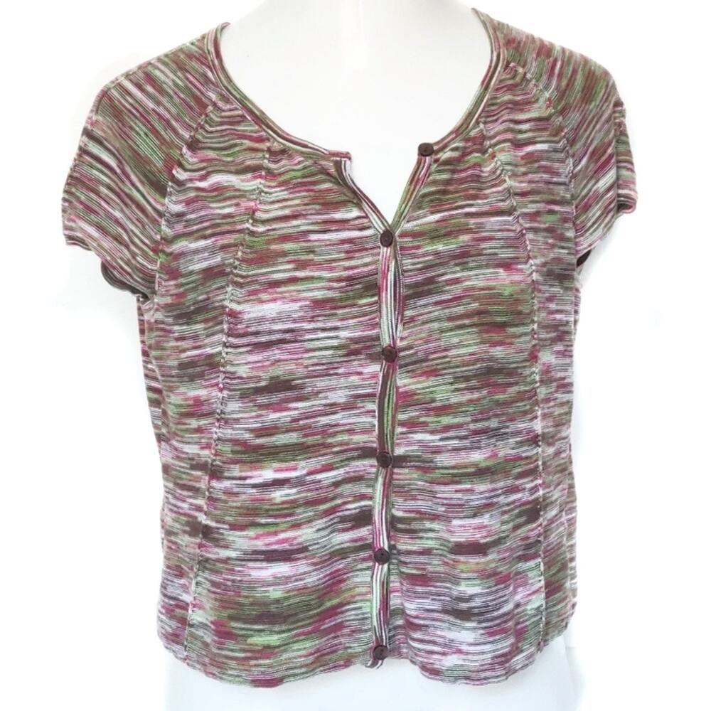 Jones New York Multicolor Striped Short Sleeve Cardigan - Pink, Green, Brown